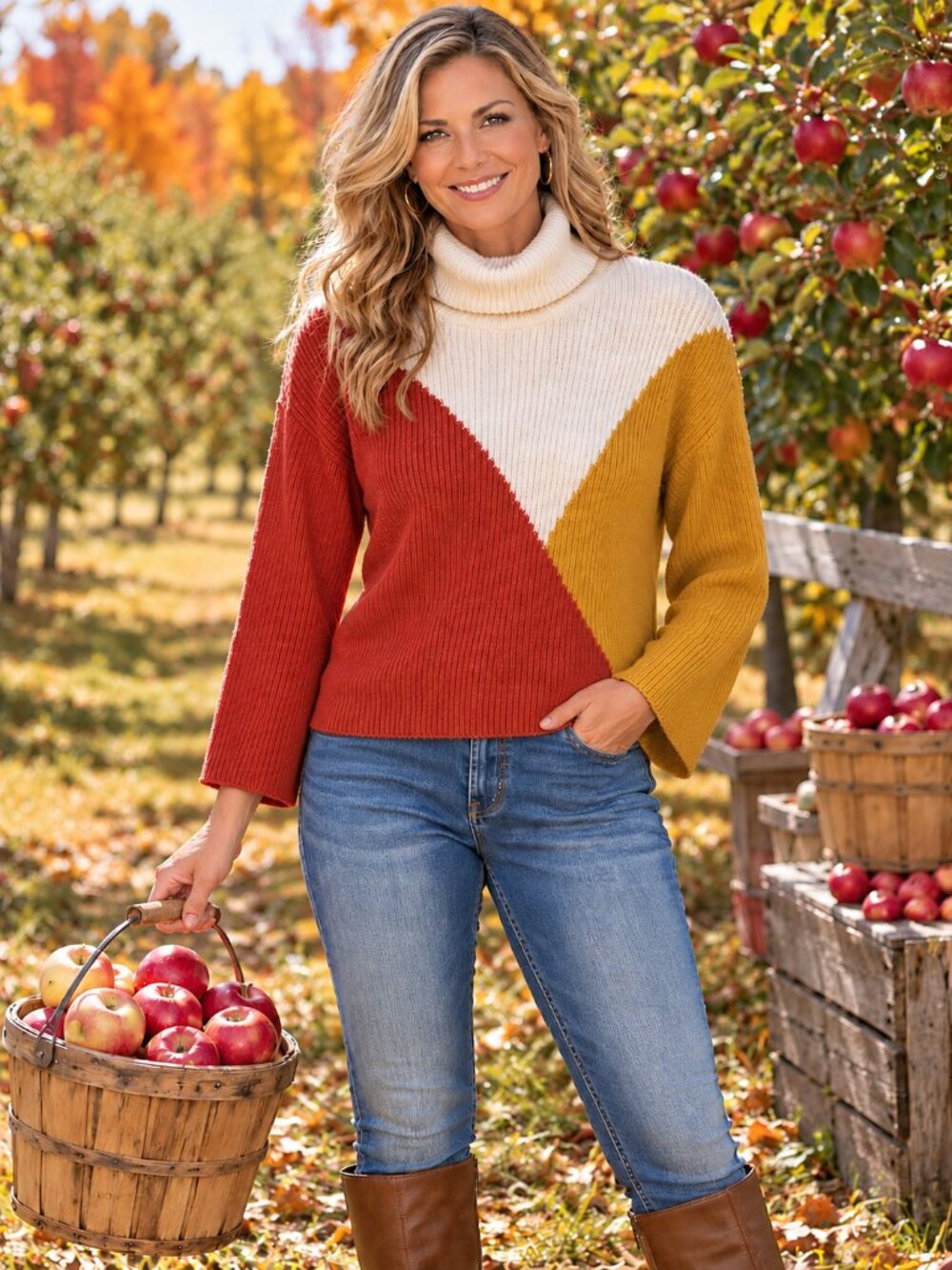 Beautiful Sweater Cowl Neck Soft - No Tags Orange/Cream/Gold Colorblocked M / L
